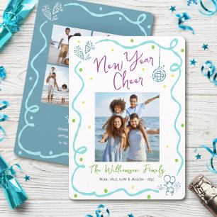 New Year Cheer 5 Photo Turquoise Hand Drawn Sketch Holiday Card