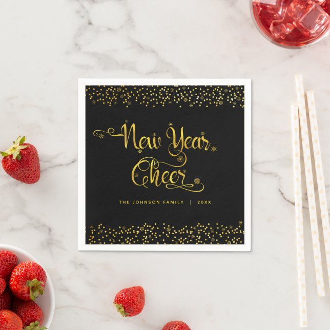 New Year Cheer Black Gold Glitter Snowflakes Name Napkin (Insitu)