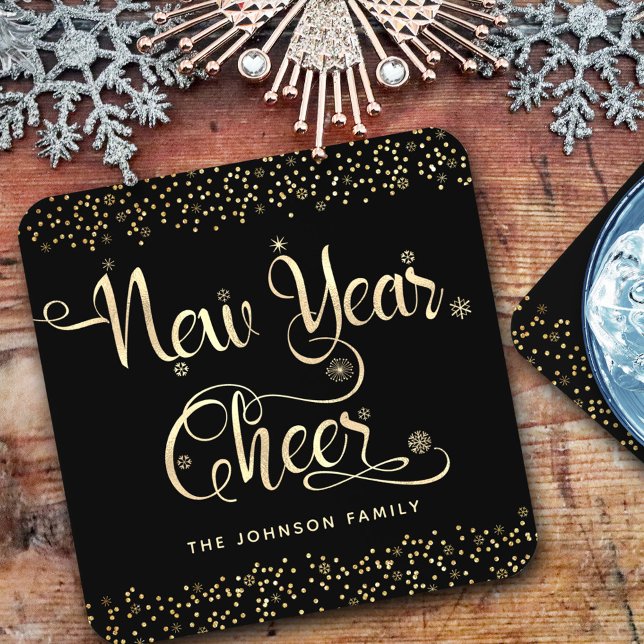 New Year Cheer Black Gold Script Snowflake Glitter Coaster (Creator Uploaded)