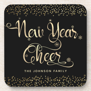 New Year Cheer Black Gold Script Snowflake Glitter Coaster