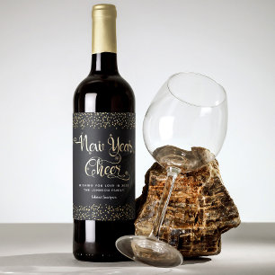 New Year Cheer Black Gold Script Snowflake Glitter Wine Label