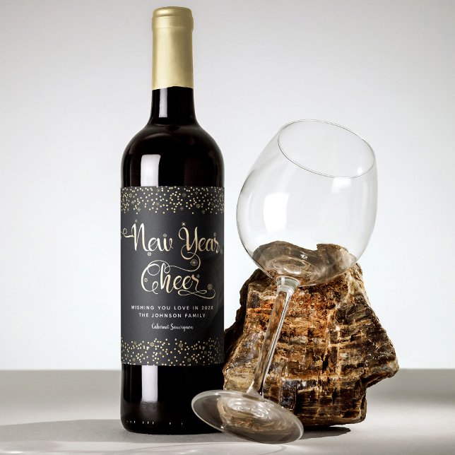 New Year Cheer Black Gold Script Snowflake Glitter Wine Label (Creator Uploaded)
