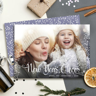 New Year Cheer Bold Modern White Snowflakes Photo Holiday Card