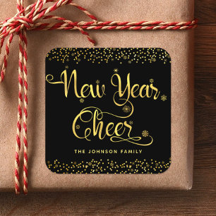 New Year Cheer Chic Gold Snowflakes Black Custom Square Sticker