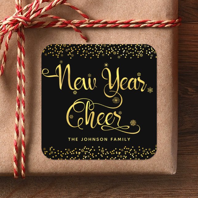 New Year Cheer Chic Gold Snowflakes Black Custom Square Sticker (Creator Uploaded)