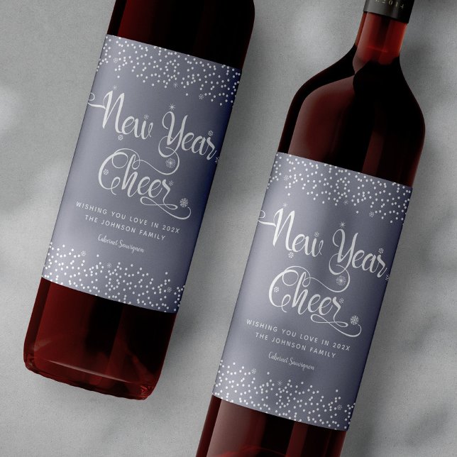 New Year Cheer Chic White Snowflakes Grey Custom Wine Label (Creator Uploaded)