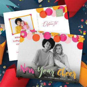 New Year Cheer Colourful & Fun Confetti Dots Photo Holiday Postcard