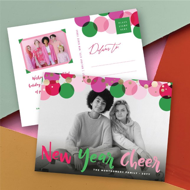 New Year Cheer Colourful & Fun Confetti Dots Photo Holiday Postcard (New Year Cheer Colorful & Fun Confetti Dots Photo Holiday Postcard @ fat_fa_tin)