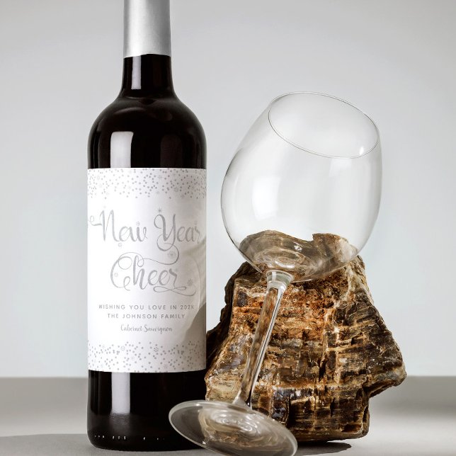 New Year Cheer Elegant Silver Snowflakes Custom Wine Label (Creator Uploaded)