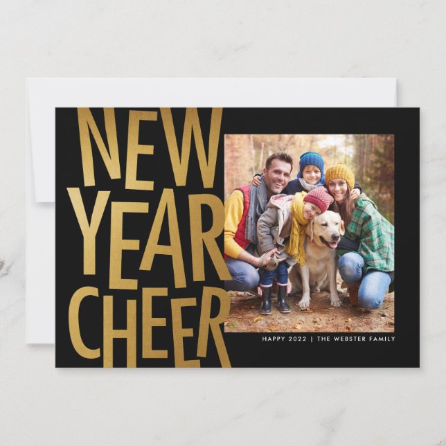 New Year Cheer faux gold fun one photo Holiday Card (Front)