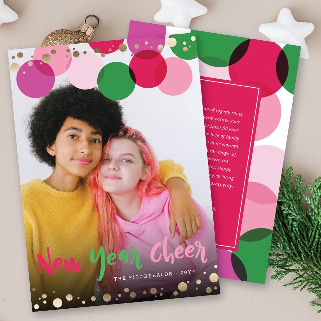 New Year Cheer Fun & Colourful Confetti Dots Photo Holiday Card (Creator Uploaded)