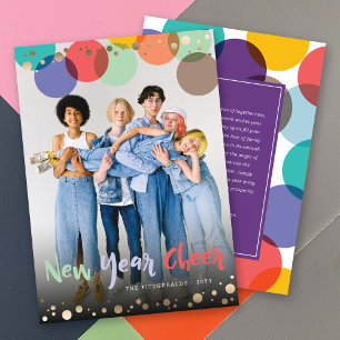 New Year Cheer Fun & Colourful Confetti Dots Photo Holiday Card