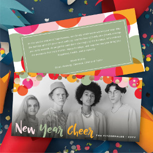 New Year Cheer Fun & Colourful Confetti Dots Photo Holiday Card
