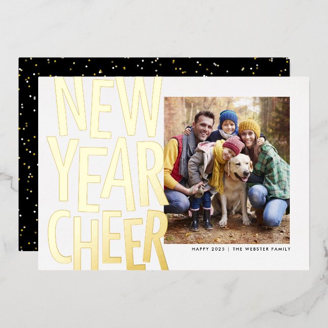 New Year Cheer fun gold one photo confetti Foil Ho Foil Holiday Card (Front/Back)