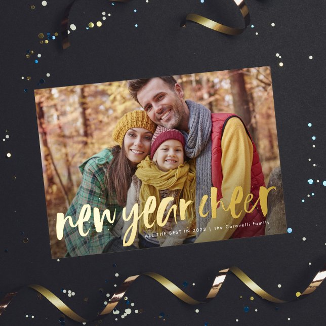 New year cheer fun playful one photo foil holiday card (Creator Uploaded)