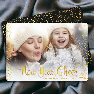 New Year Cheer Gold Glitter Dots Photo Modern Bold Holiday Card