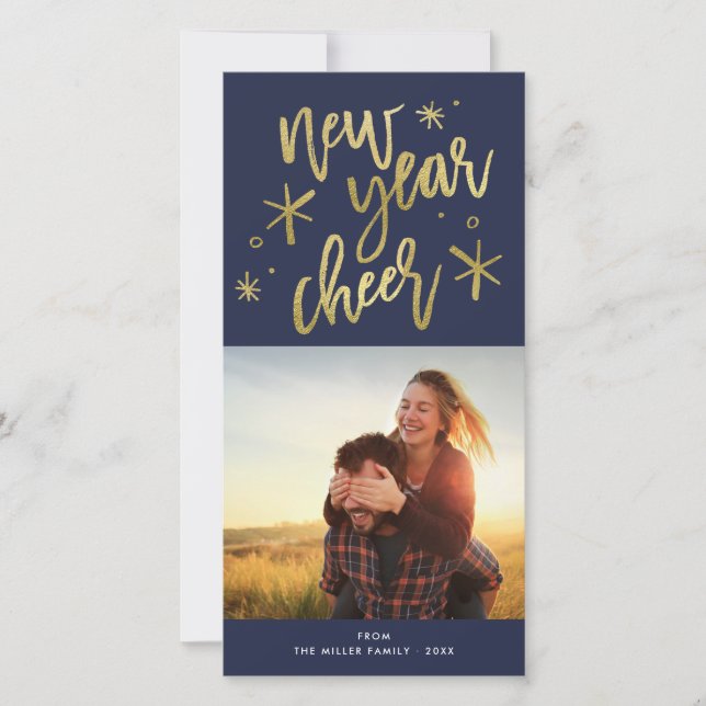 New Year Cheer Gold Starburst Photo Holiday Card (Front)