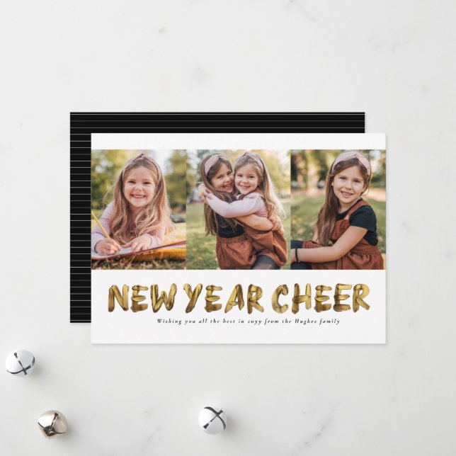 New year cheer gold three photo holiday card (Front/Back In Situ)