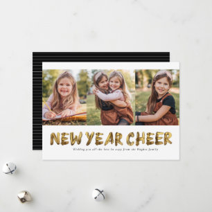 New year cheer gold three photo holiday card