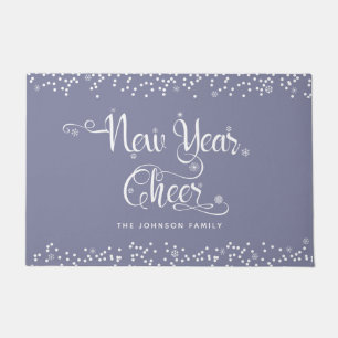 New Year Cheer Grey White Snowflakes Script Name Doormat