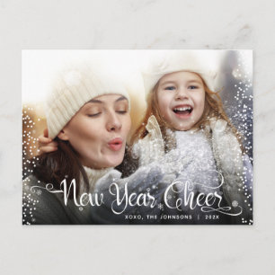 New Year Cheer Modern Script White Snowflake Photo Holiday Postcard