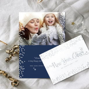 New Year Cheer Photo Snowflakes Script Navy Silver Foil Card