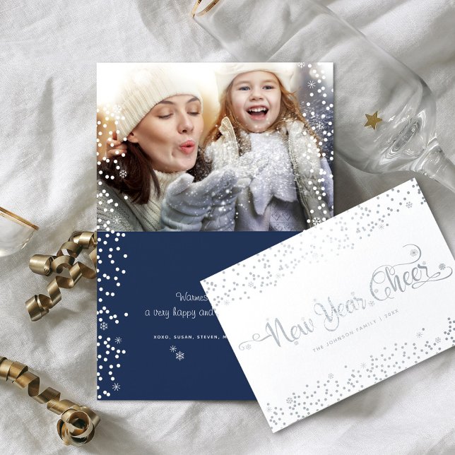 New Year Cheer Photo Snowflakes Script Navy Silver Foil Card (Creator Uploaded)