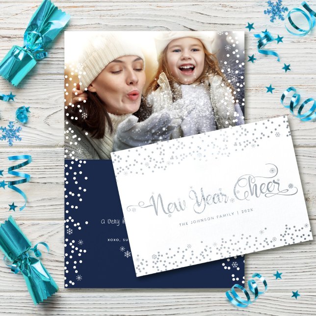 New Year Cheer Photo White Snowflakes Real Silver Foil Card (Creator Uploaded)