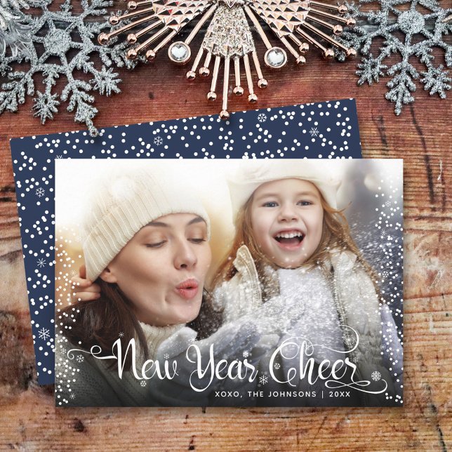 New Year Cheer Photo White Snowflakes Script Navy  Holiday Card (Creator Uploaded)