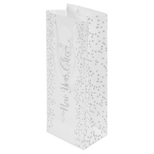 New Year Cheer, Silver Glitter Snowflakes on White Wine Gift Bag
