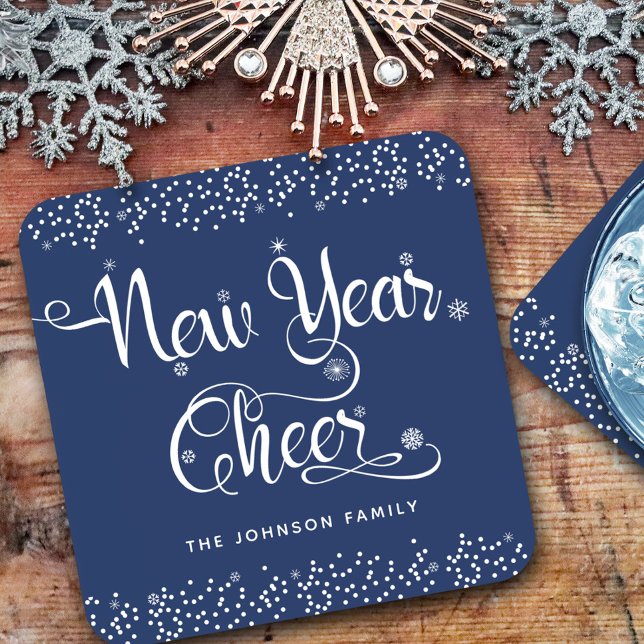 “New Year Cheer” Snowflakes on Blue Add Your Name Coaster (Creator Uploaded)