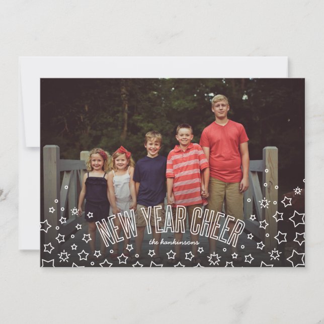 New Year Cheer Stars and Bubbly Holiday Photo Card (Front)