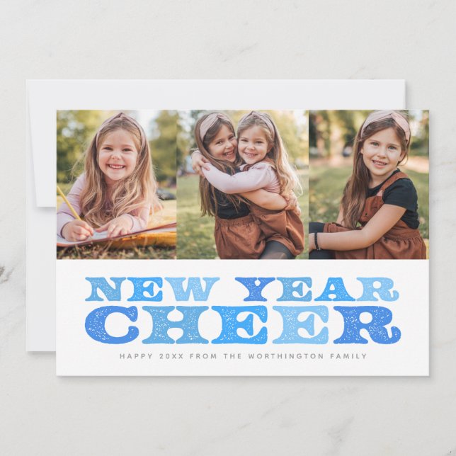 New Year Cheer three photo blue retro holiday card (Front)