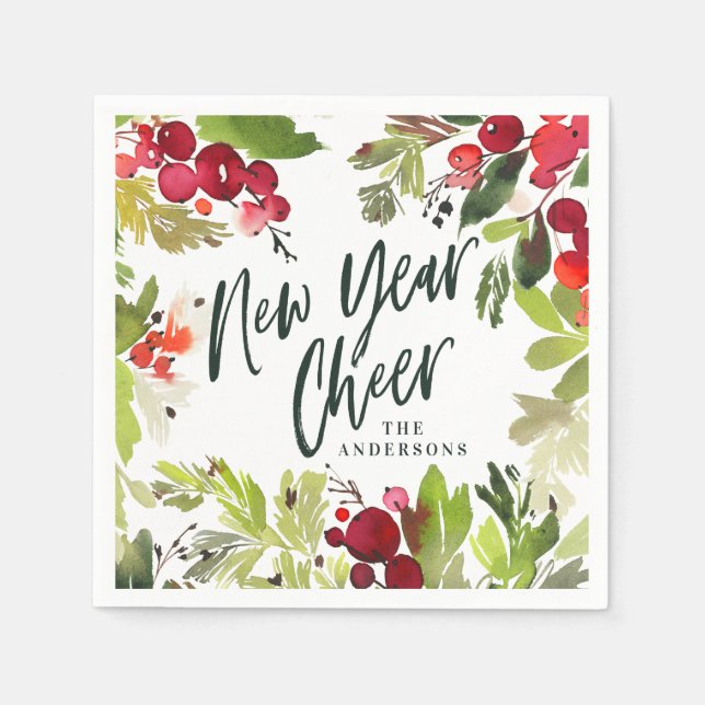 New year cheer watercolor floral Holiday Napkin (Front)