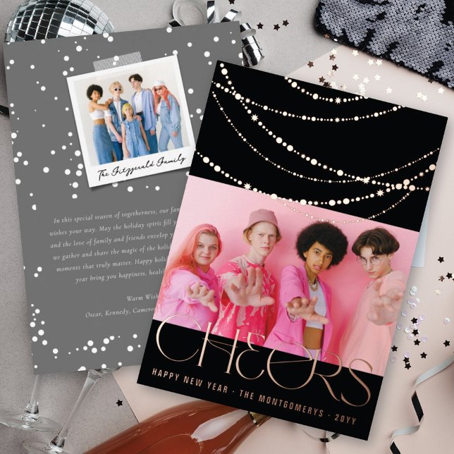 New Year Cheers Sparkling Lights Stylish Photo Foil Holiday Card (Creator Uploaded)