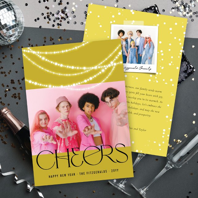 New Year Cheers Sparkling Lights Stylish Photo Holiday Card (Creator Uploaded)