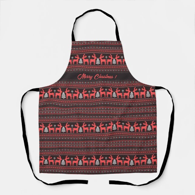 New Year Christmas Black Red Pixel Pattern Apron (Front)
