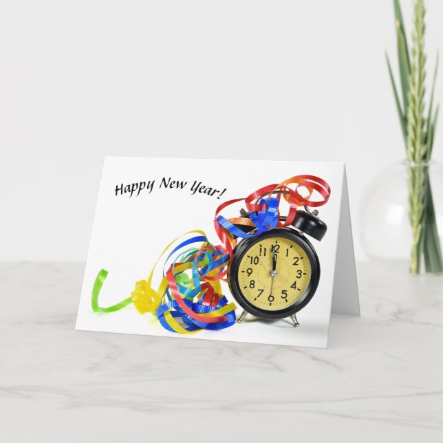 New Year Clock with ribbons Holiday Card (Front)