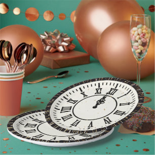 New Year Confetti On Clock and Fireworks Paper Plate