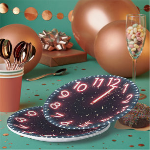 New Year Confetti On Neon Clock Paper Plate
