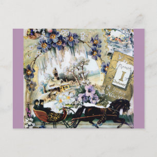 New Year Couple Horse House Flowers Victorian Art Holiday Postcard