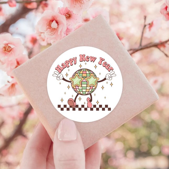New Year Disco Ball Happy New Year Retro Classic Round Sticker (Creator Uploaded)