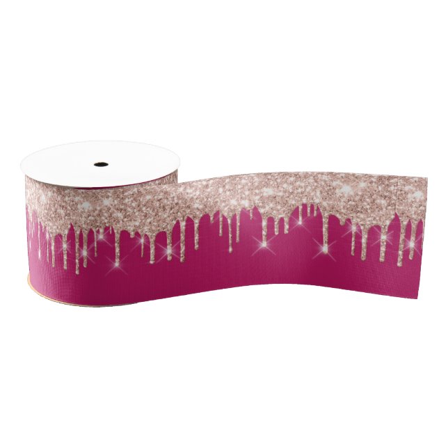 New Year Drips Royal Rose Gold Fuchsia Pink Spark Grosgrain Ribbon (Spool)