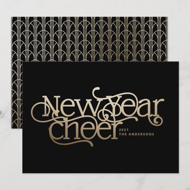 New year elegant Art Deco typography black gold Holiday Card (Front/Back)
