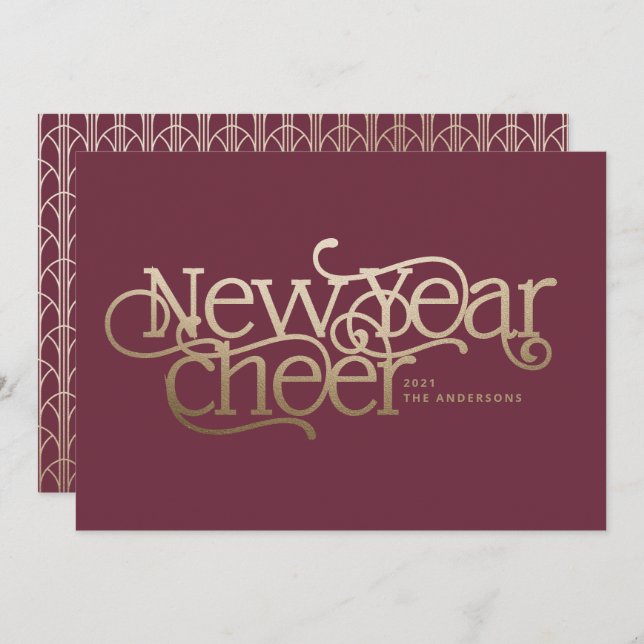 New year elegant Art Deco typography burgundy gold Holiday Card (Front/Back)