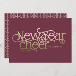 New year elegant Art Deco typography burgundy gold Holiday Card