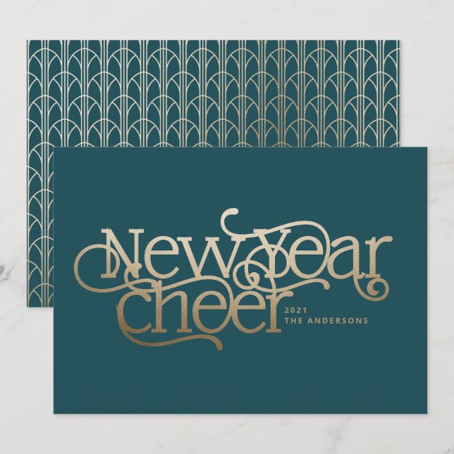 New year elegant Art Deco typography teal gold Holiday Card (Front/Back)
