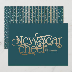 New year elegant Art Deco typography teal gold Holiday Card