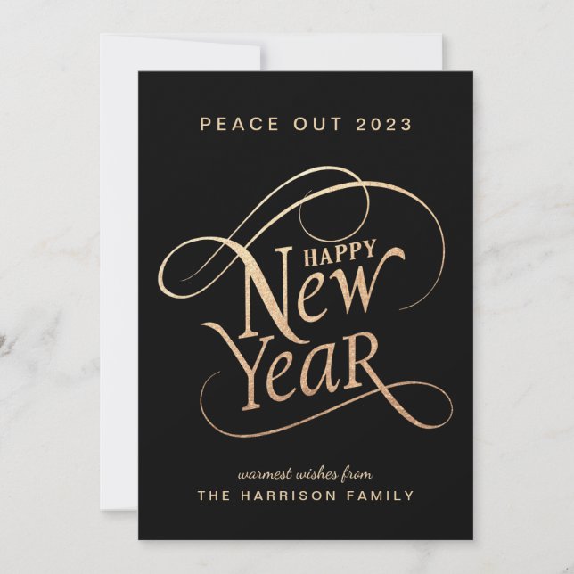 New Year Elegant Peace Out 2022 Black Gold Holiday Card (Front)