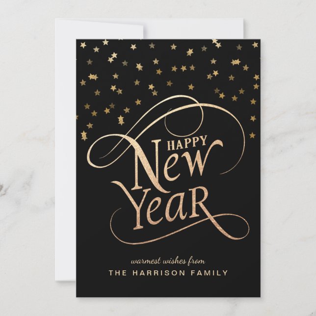 New Year Elegant Script Black Gold Holiday Card (Front)